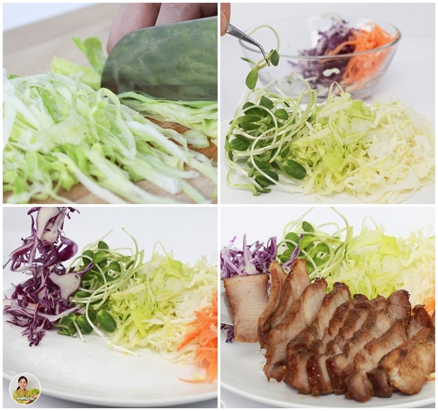 สลัดหมูย่าง (Grilled pork salad) ราดน้ำสลัดจิ้มแจ่วมาโย